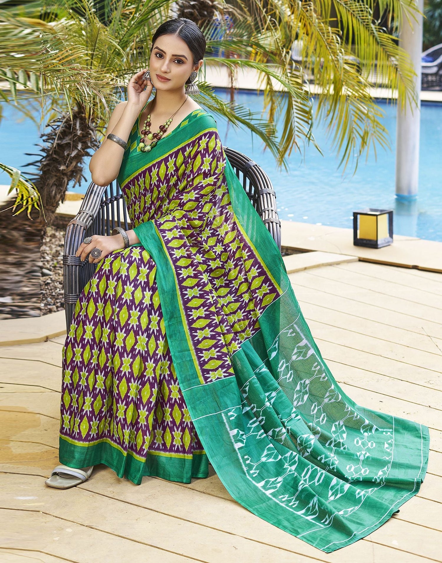 Elegant Purple Green  Cotton Saree