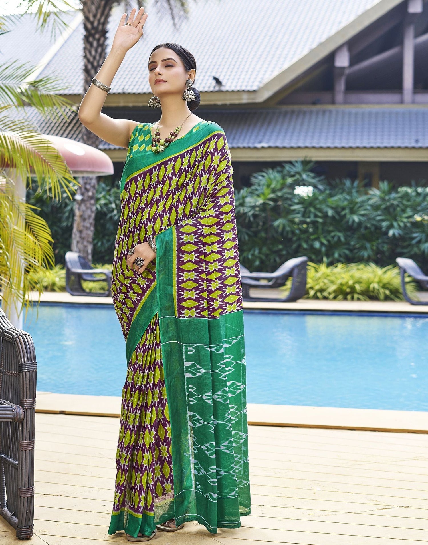 Elegant Purple Green  Cotton Saree