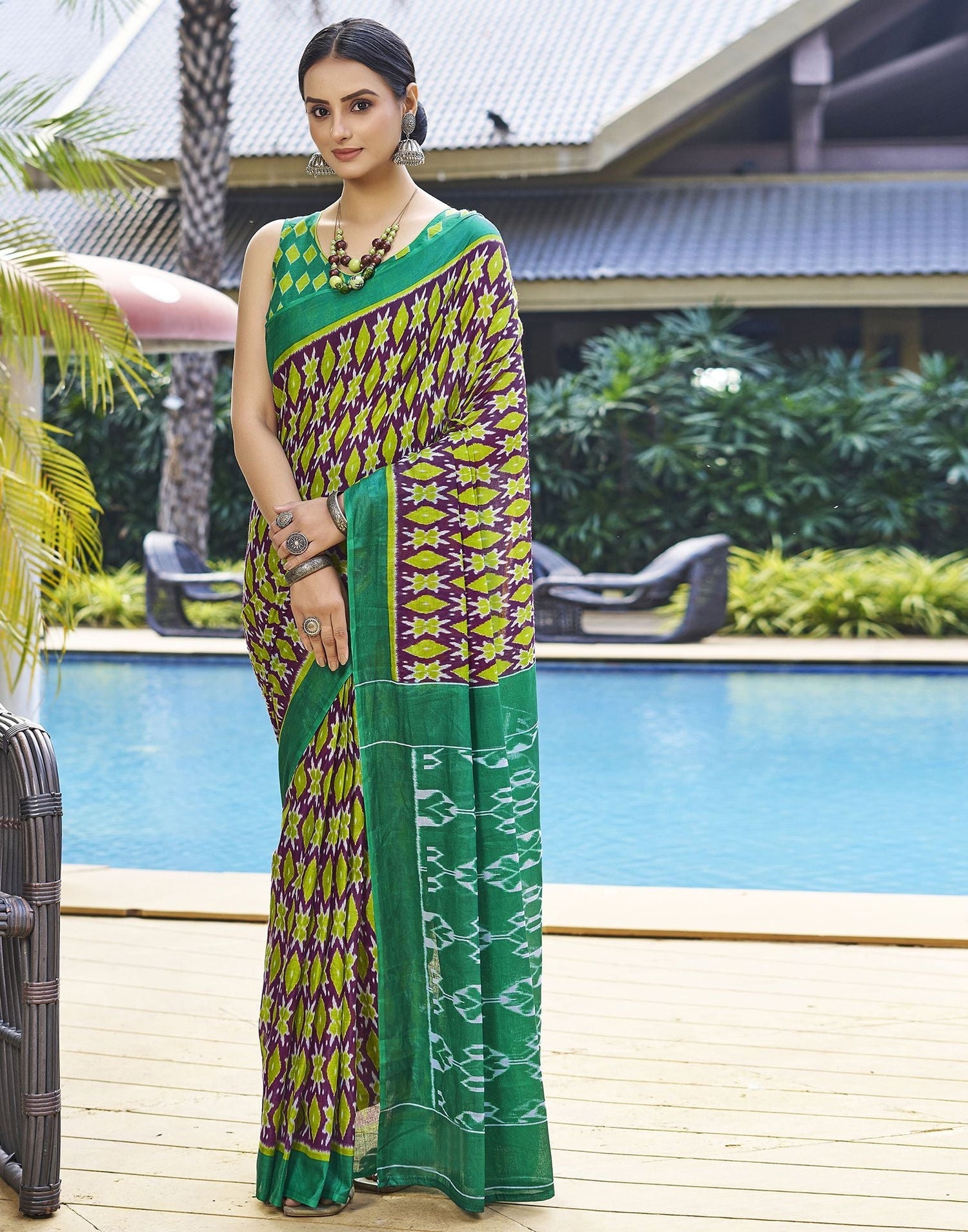 Elegant Purple Green  Cotton Saree