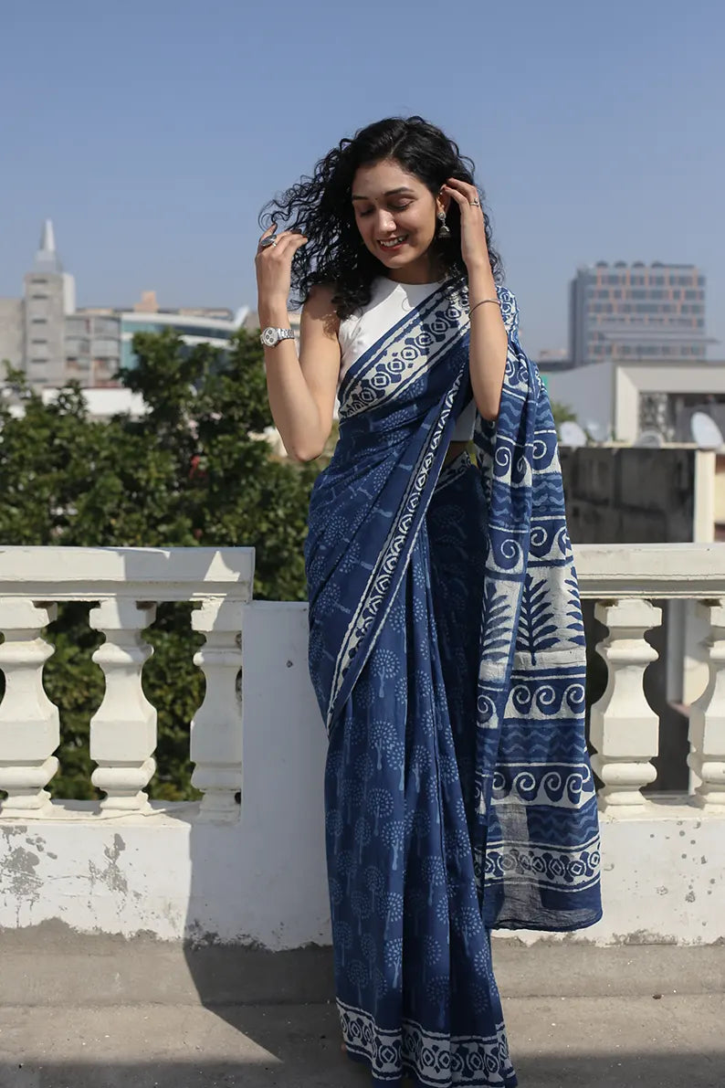 Exquisite Indigo Printed Cotton Saree