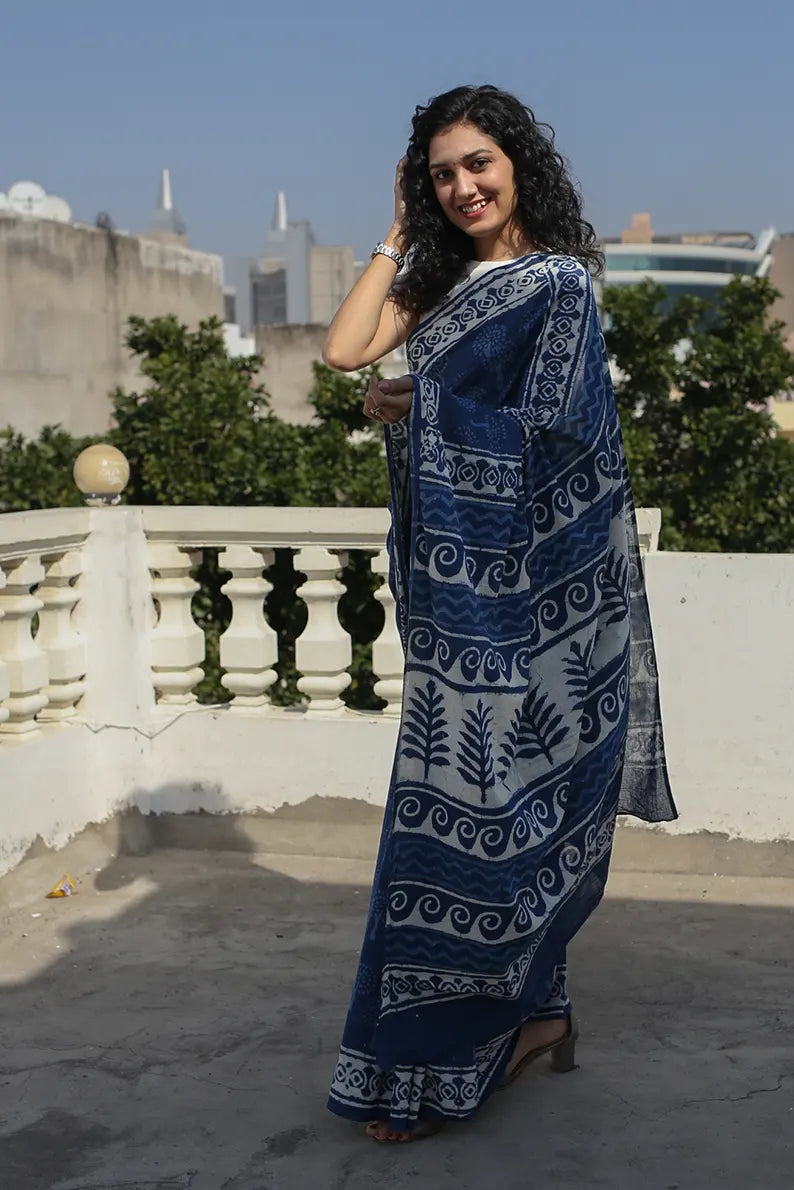 Exquisite Indigo Printed Cotton Saree