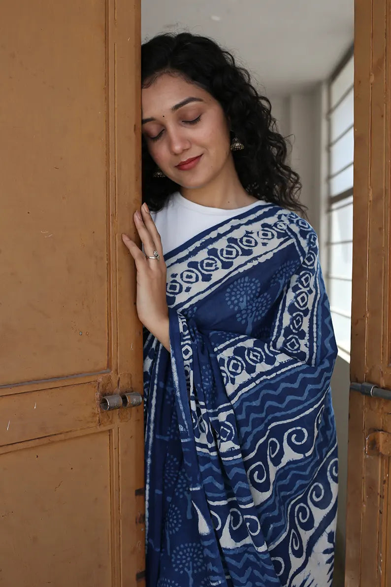 Exquisite Indigo Printed Cotton Saree