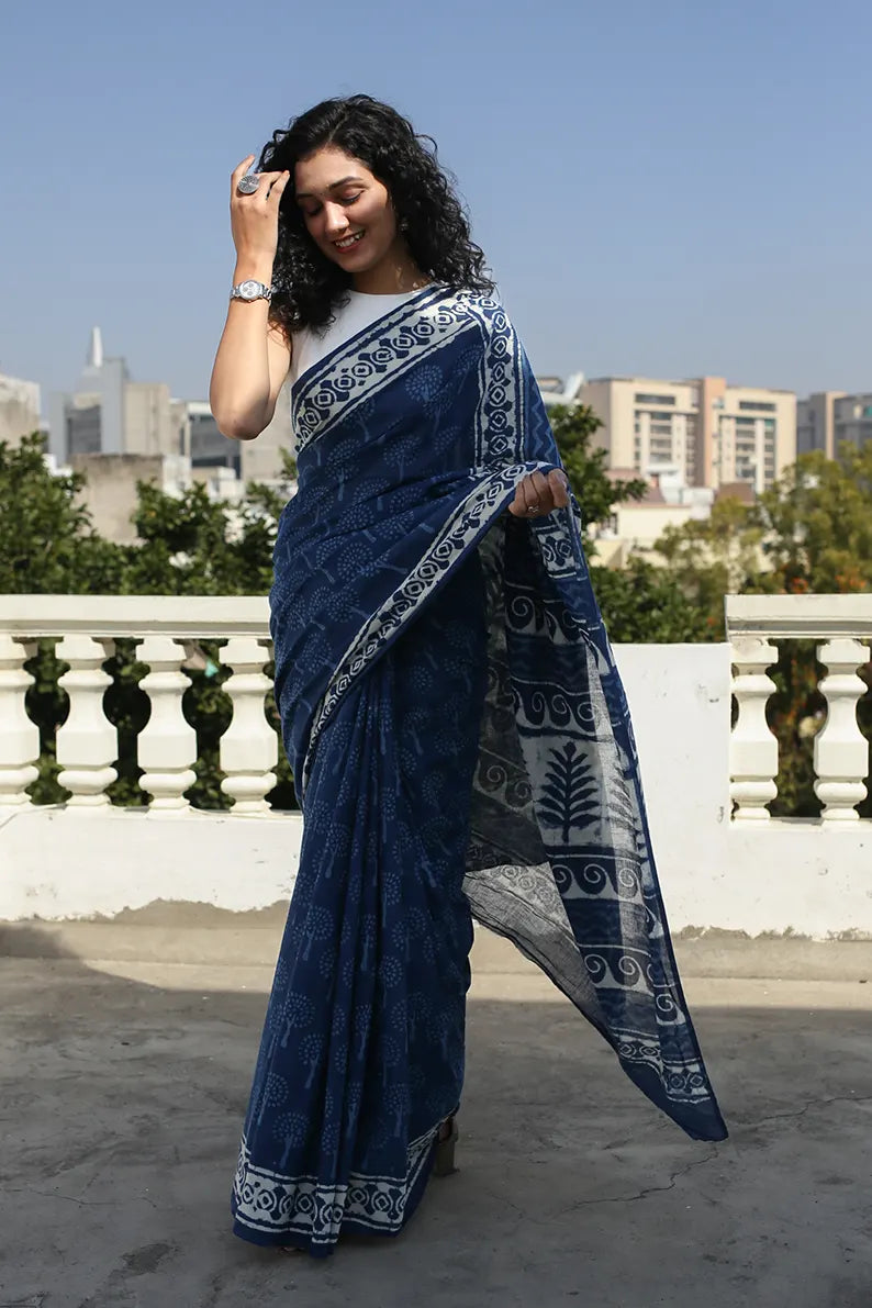 Exquisite Indigo Printed Cotton Saree