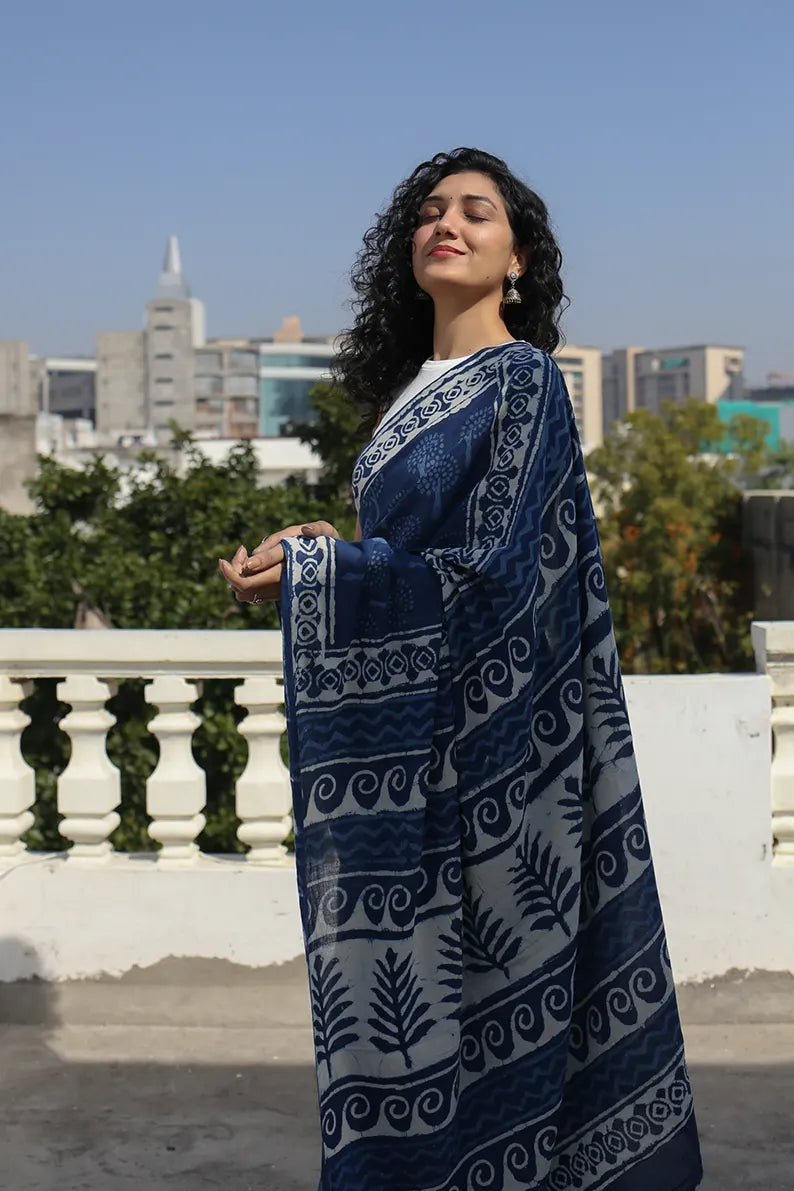 Exquisite Indigo Printed Cotton Saree