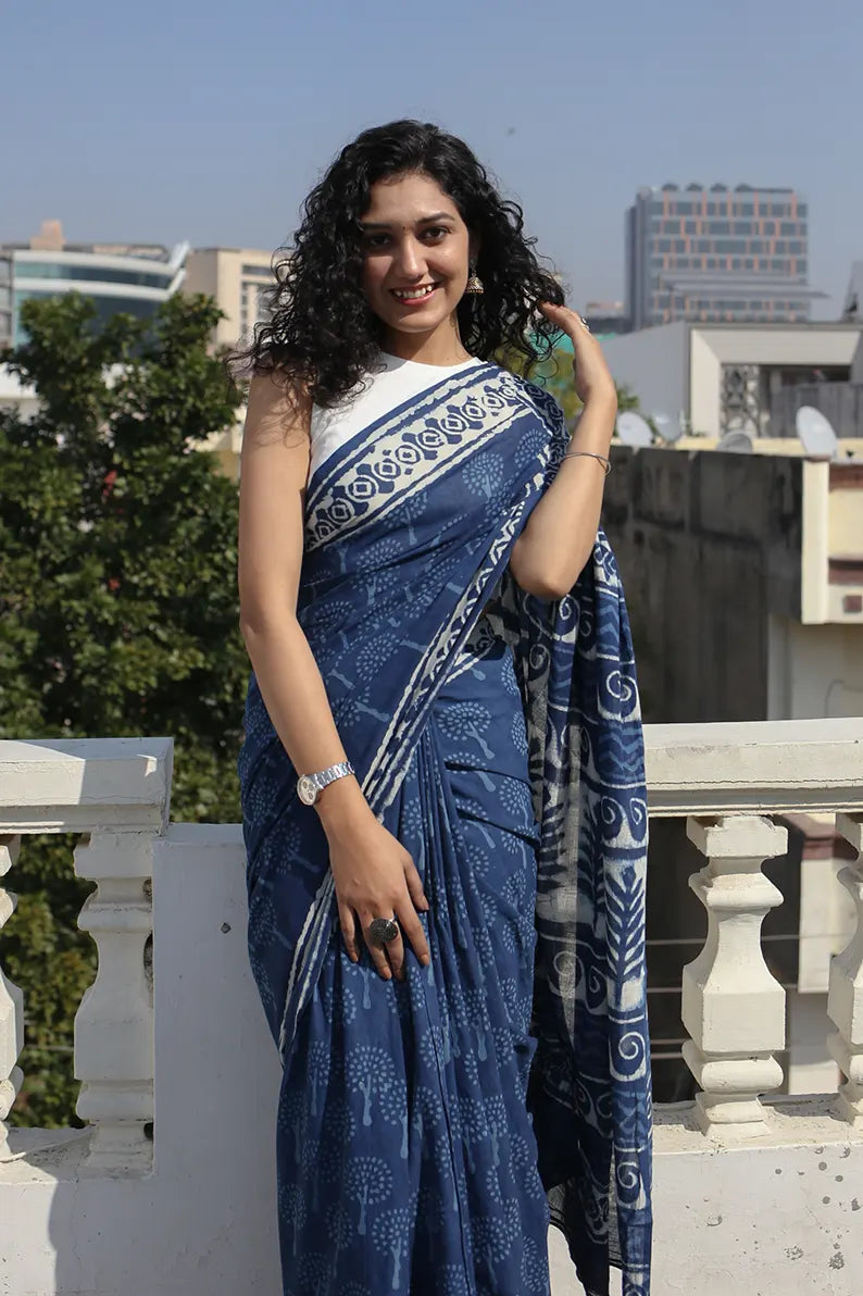 Exquisite Indigo Printed Cotton Saree