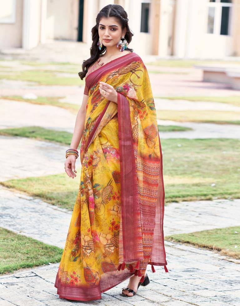 Elegant Yellow Pure Linen Saree