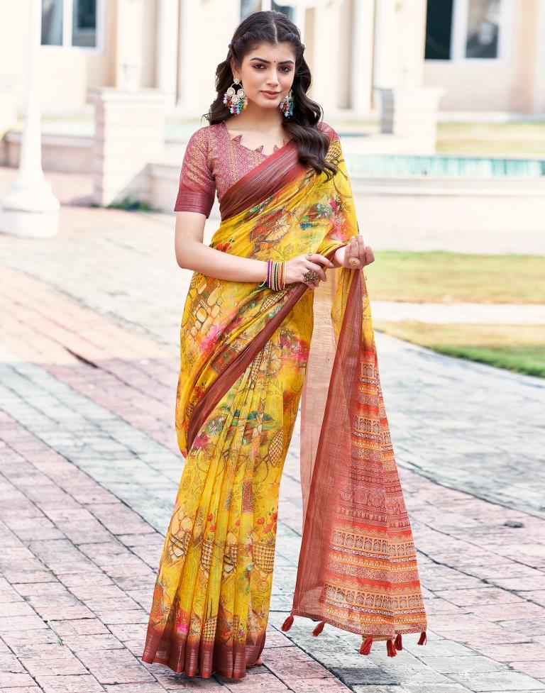 Elegant Yellow Pure Linen Saree