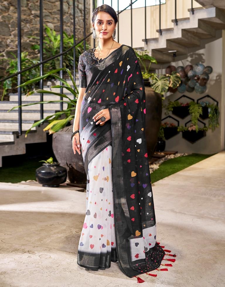 Chic Black and Multicolor Pure Linen Saree