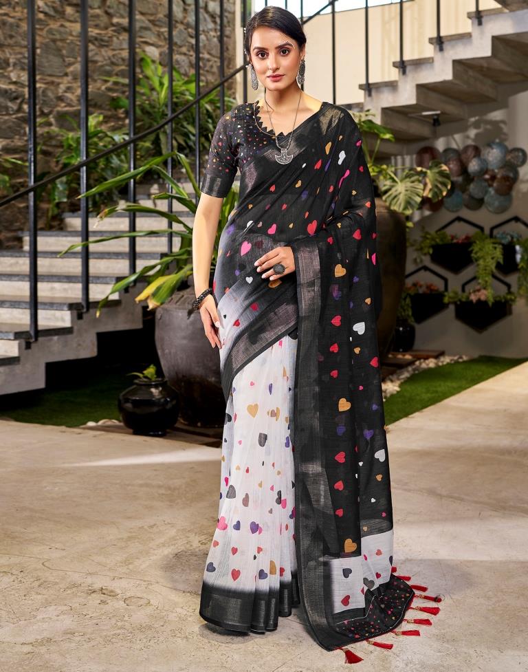 Chic Black and Multicolor Pure Linen Saree