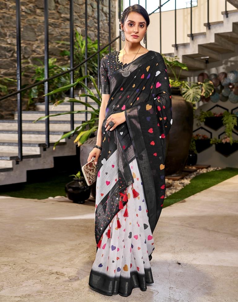 Chic Black and Multicolor Pure Linen Saree