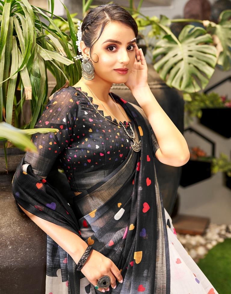 Chic Black and Multicolor Pure Linen Saree