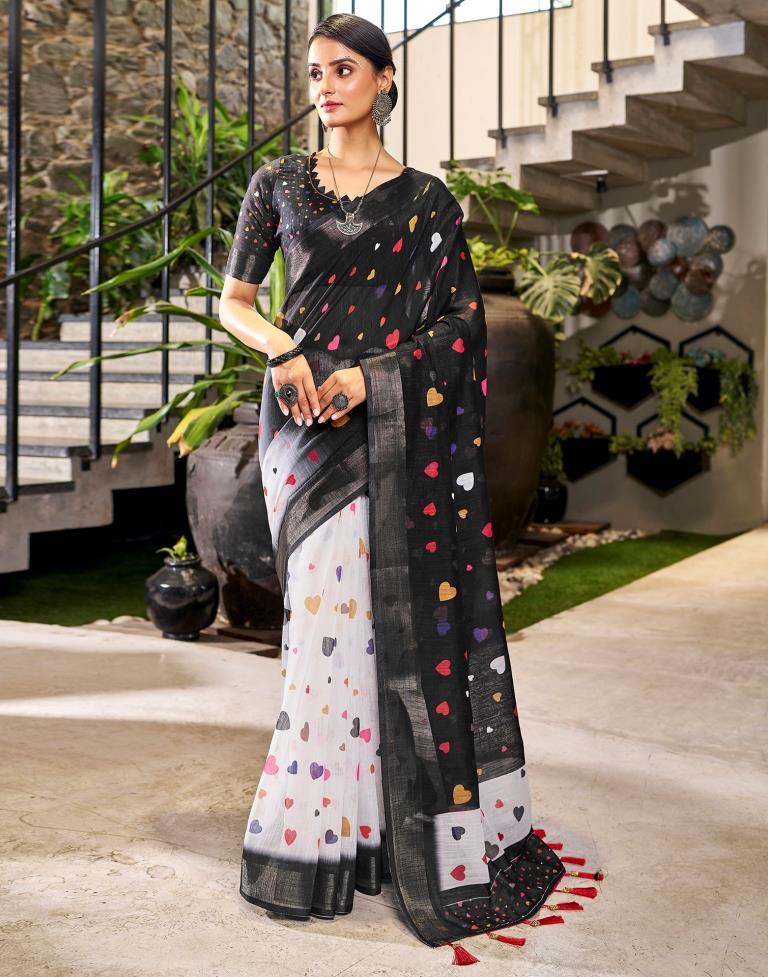 Chic Black and Multicolor Pure Linen Saree