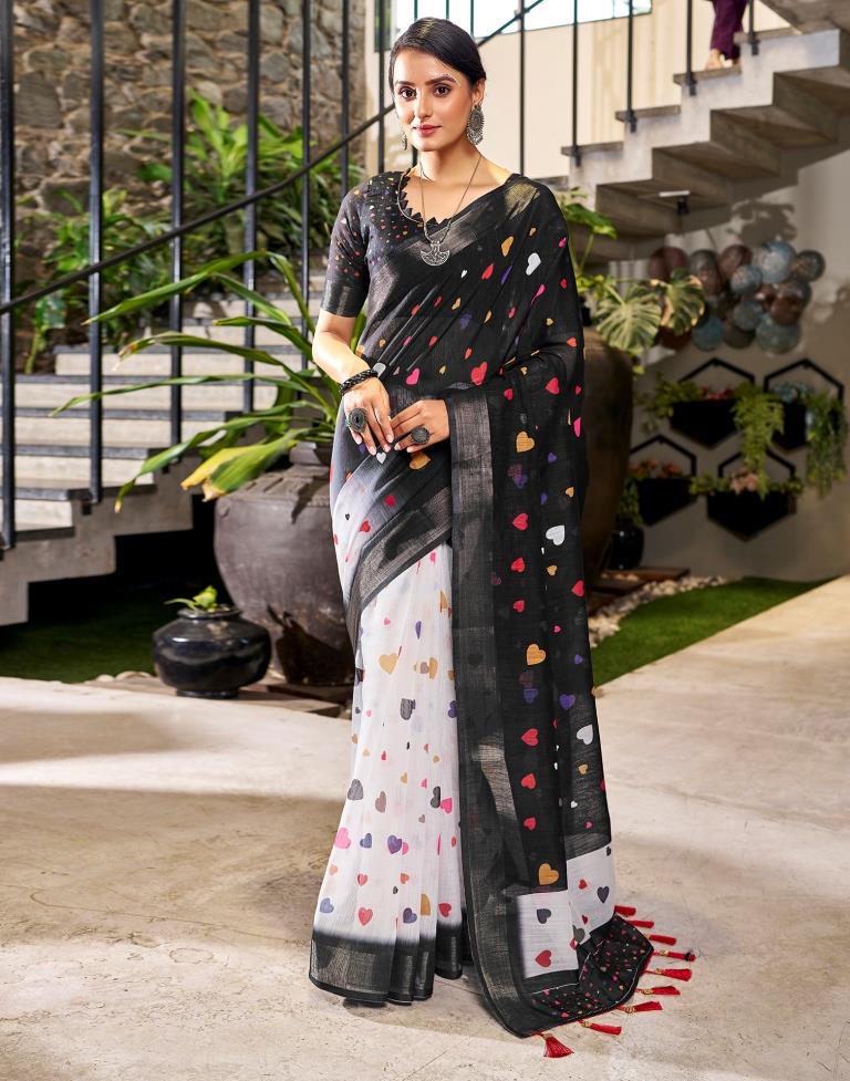 Chic Black and Multicolor Pure Linen Saree