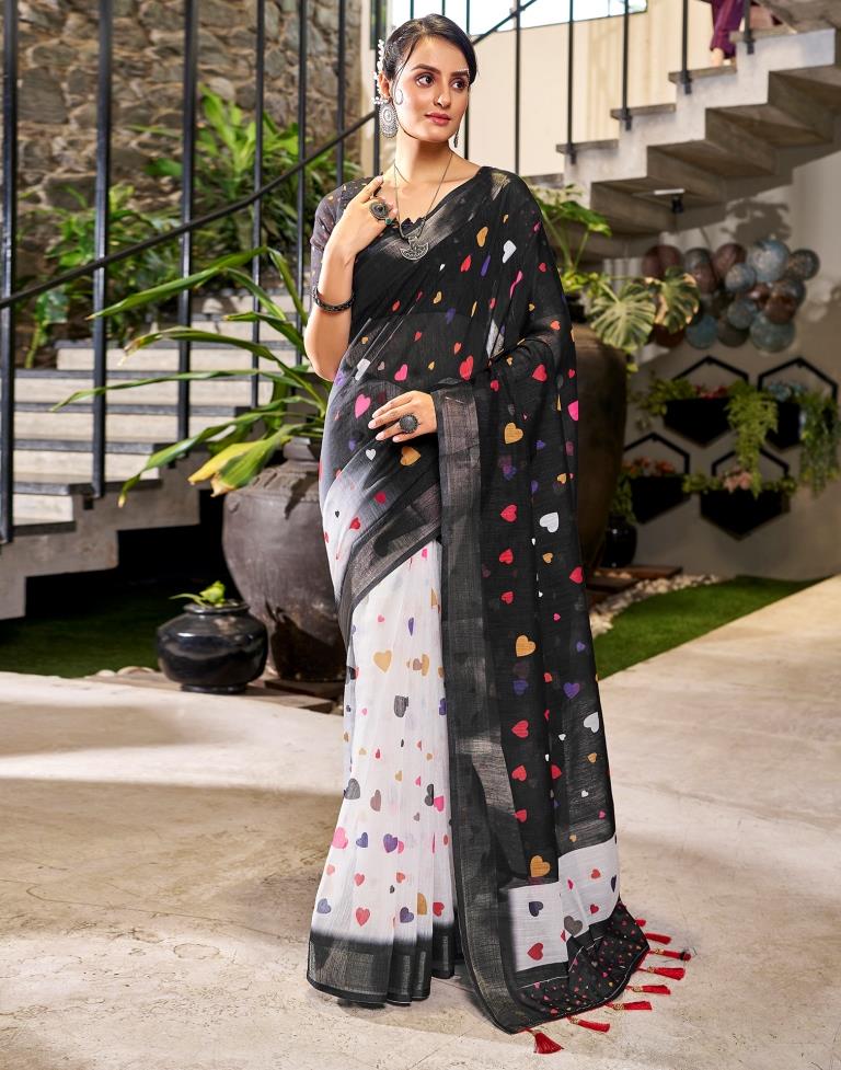 Chic Black and Multicolor Pure Linen Saree