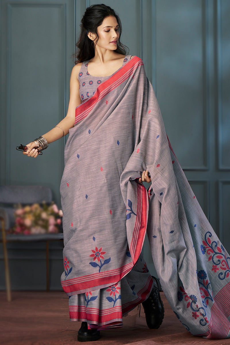 Elegant Grey Linen Weaved Thread Lightweight Saree