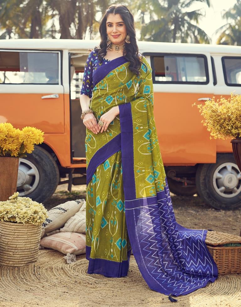 Elegant Mehendi and Blue Printed Cotton Saree