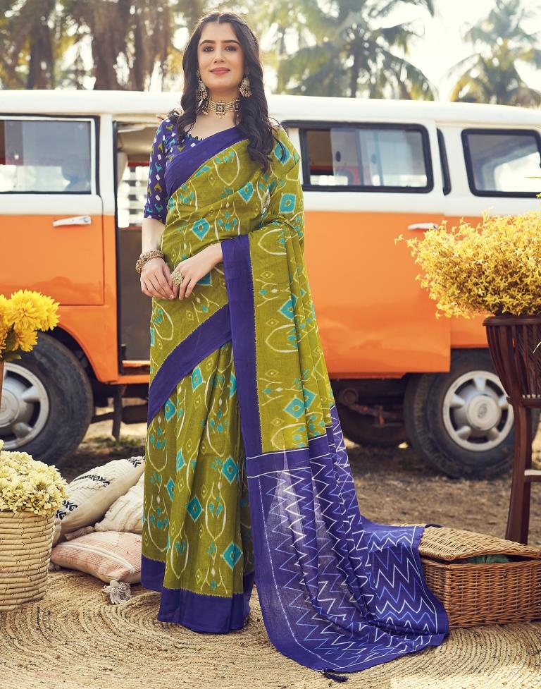 Elegant Mehendi and Blue Printed Cotton Saree