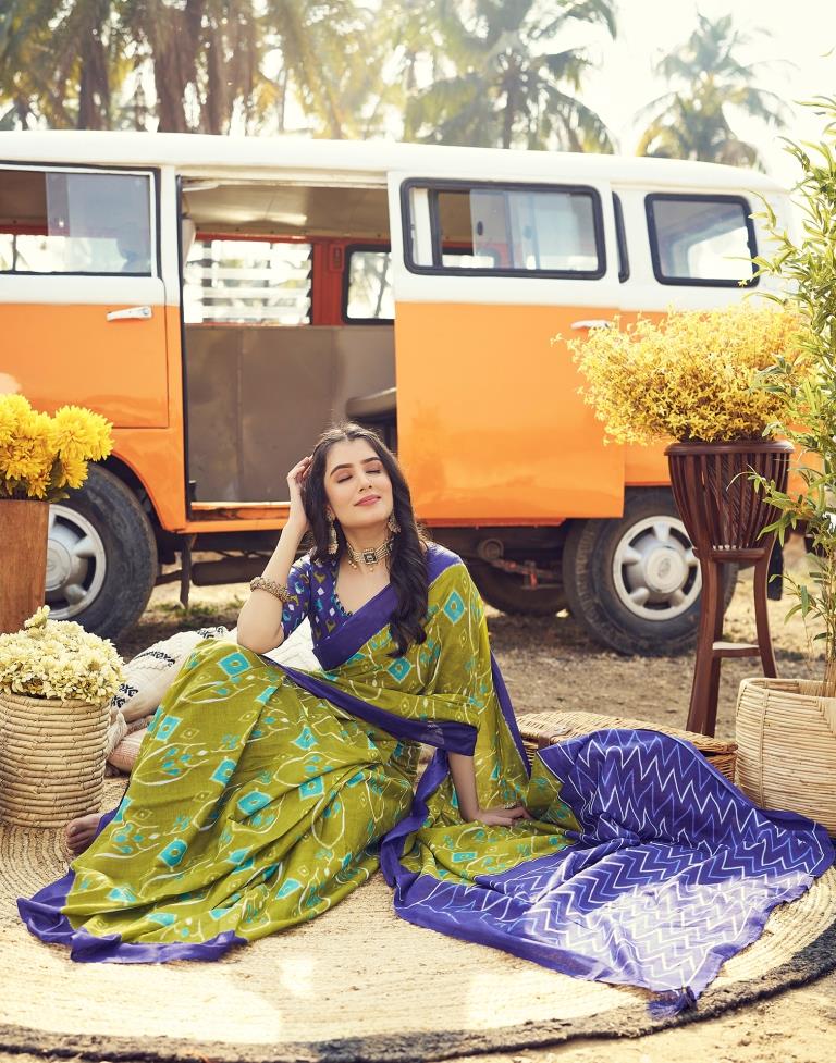 Elegant Mehendi and Blue Printed Cotton Saree