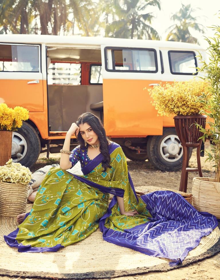 Elegant Mehendi and Blue Printed Cotton Saree