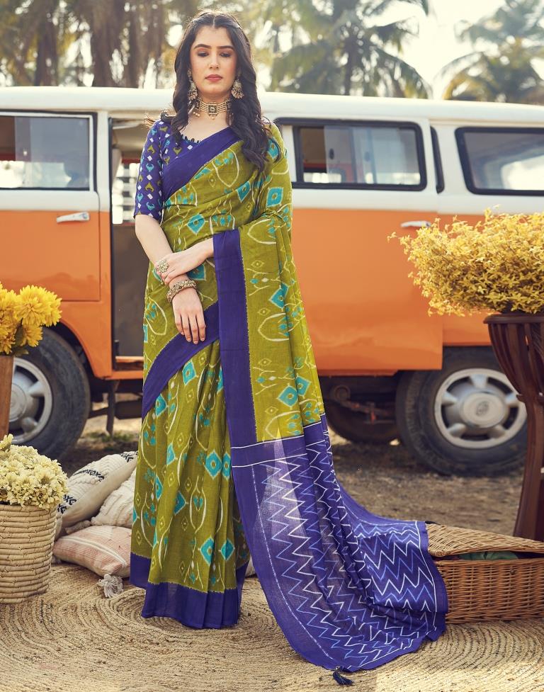 Elegant Mehendi and Blue Printed Cotton Saree