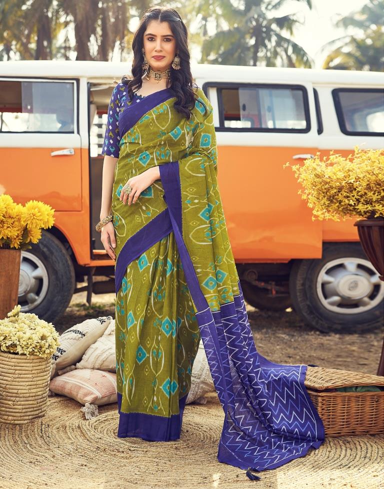 Elegant Mehendi and Blue Printed Cotton Saree