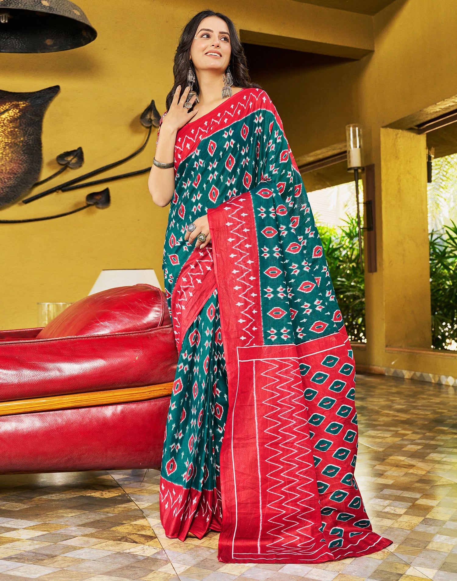 Vibrant Red and Rama Printed Cotton Saree