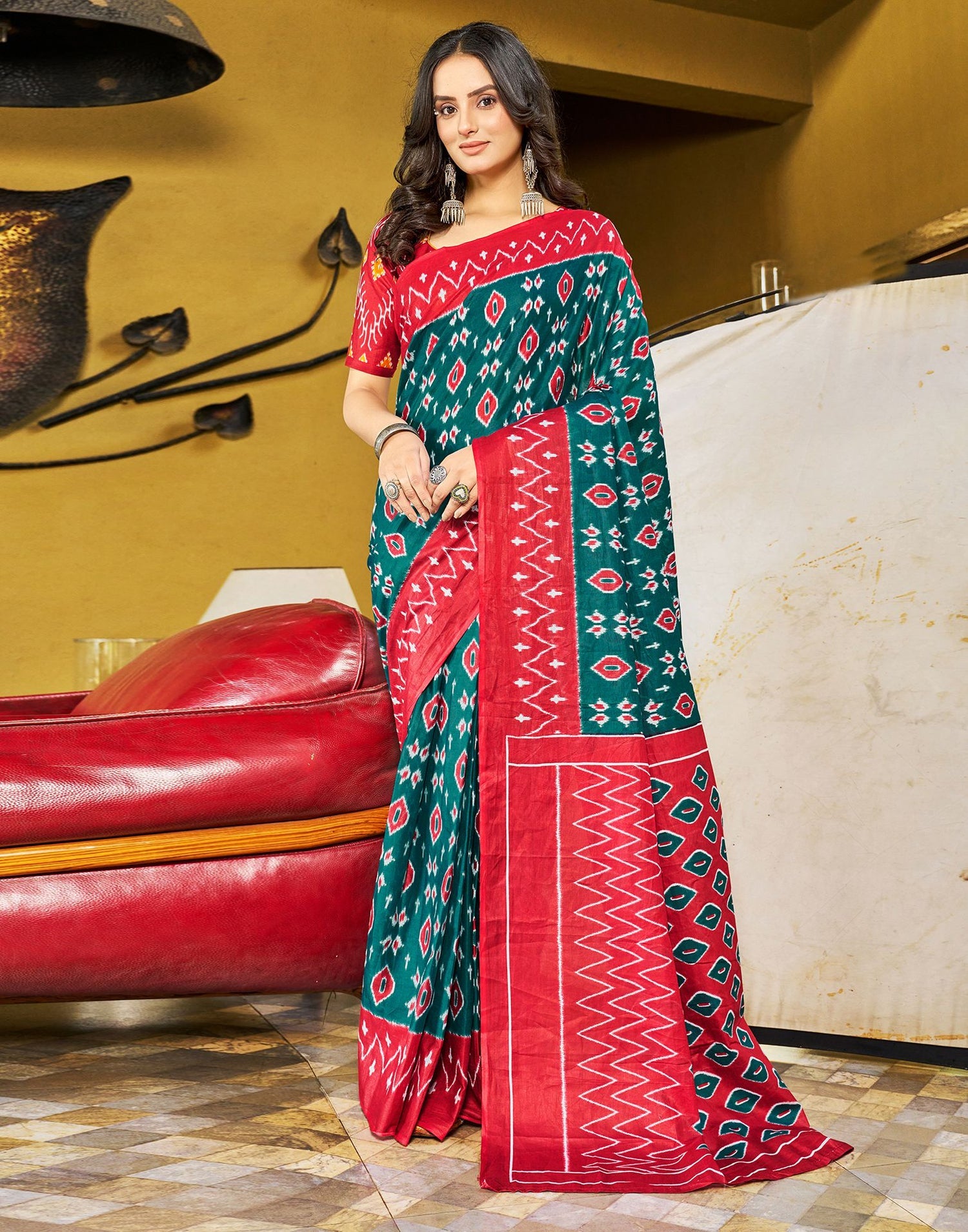 Vibrant Red and Rama Printed Cotton Saree