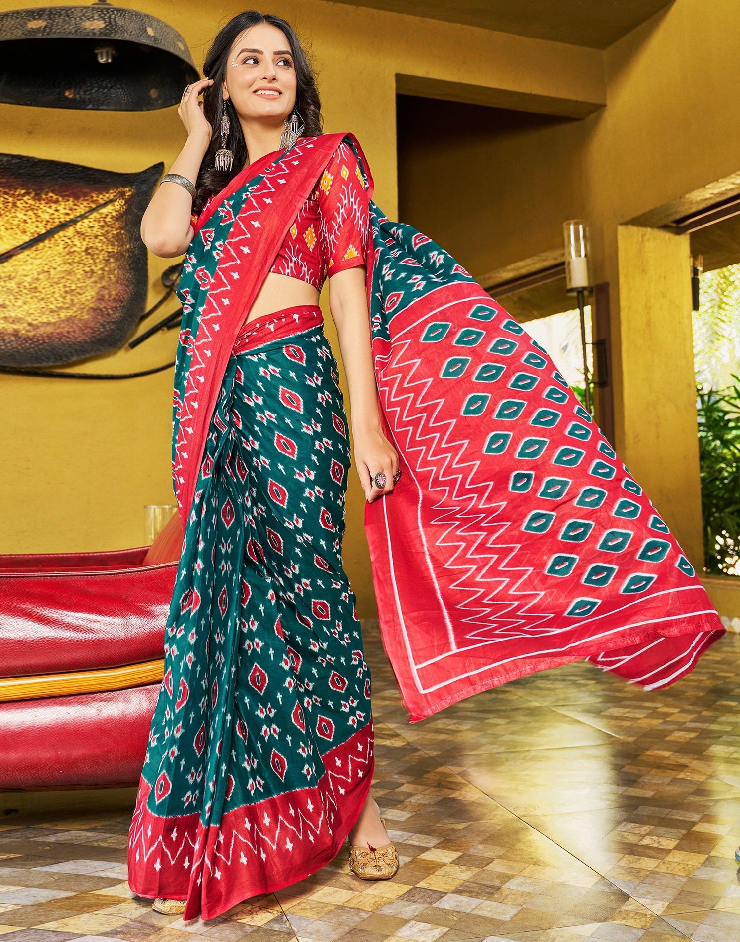 Vibrant Red and Rama Printed Cotton Saree