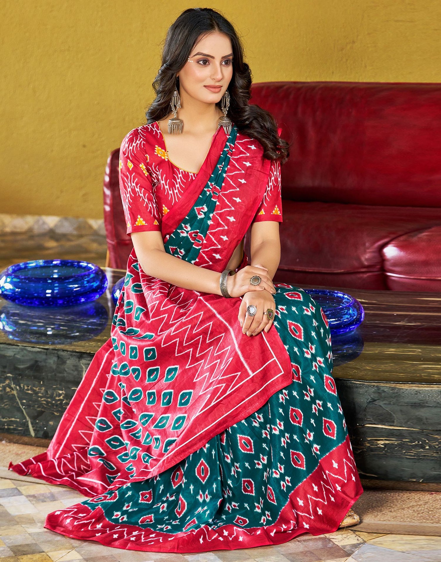 Vibrant Red and Rama Printed Cotton Saree