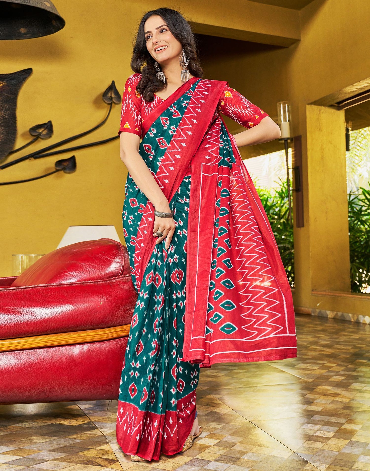 Vibrant Red and Rama Printed Cotton Saree