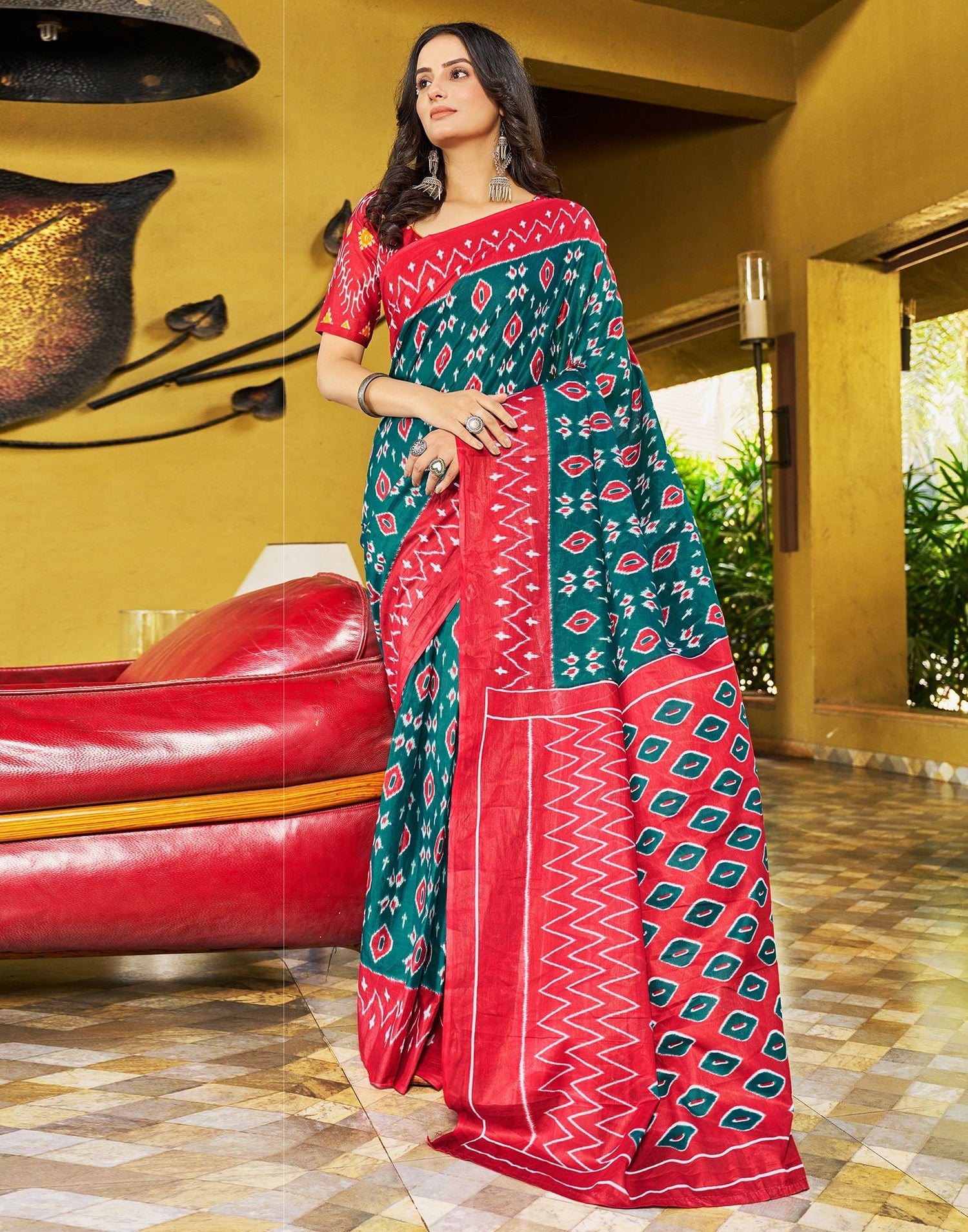 Vibrant Red and Rama Printed Cotton Saree