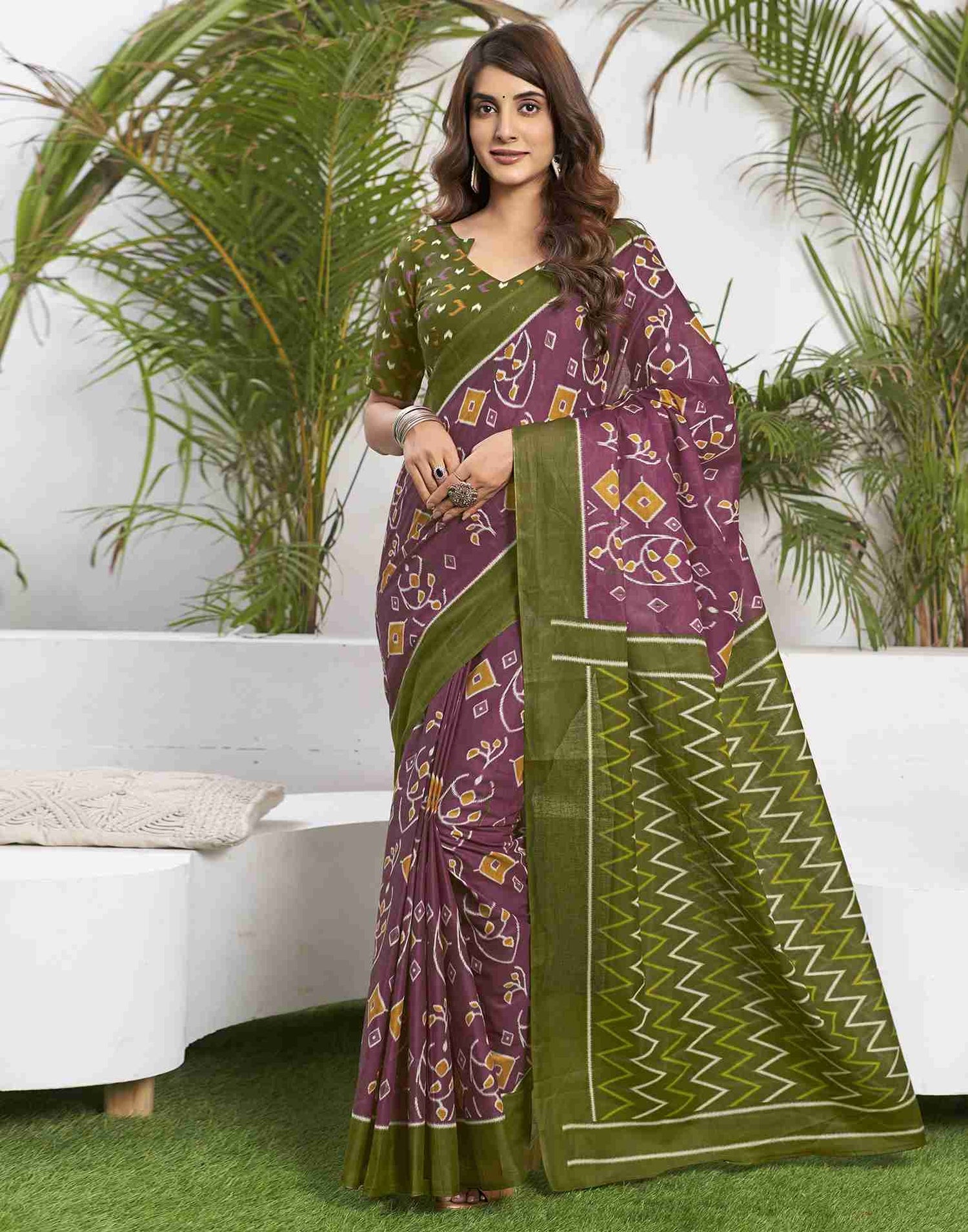 Dusty Purple Printed Cotton Saree