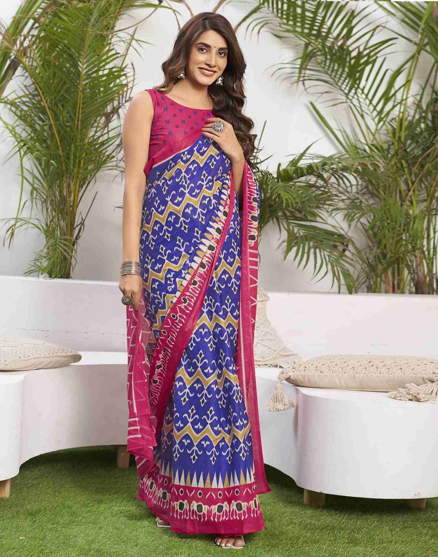 Elegant Purply Blue Printed Cotton Saree